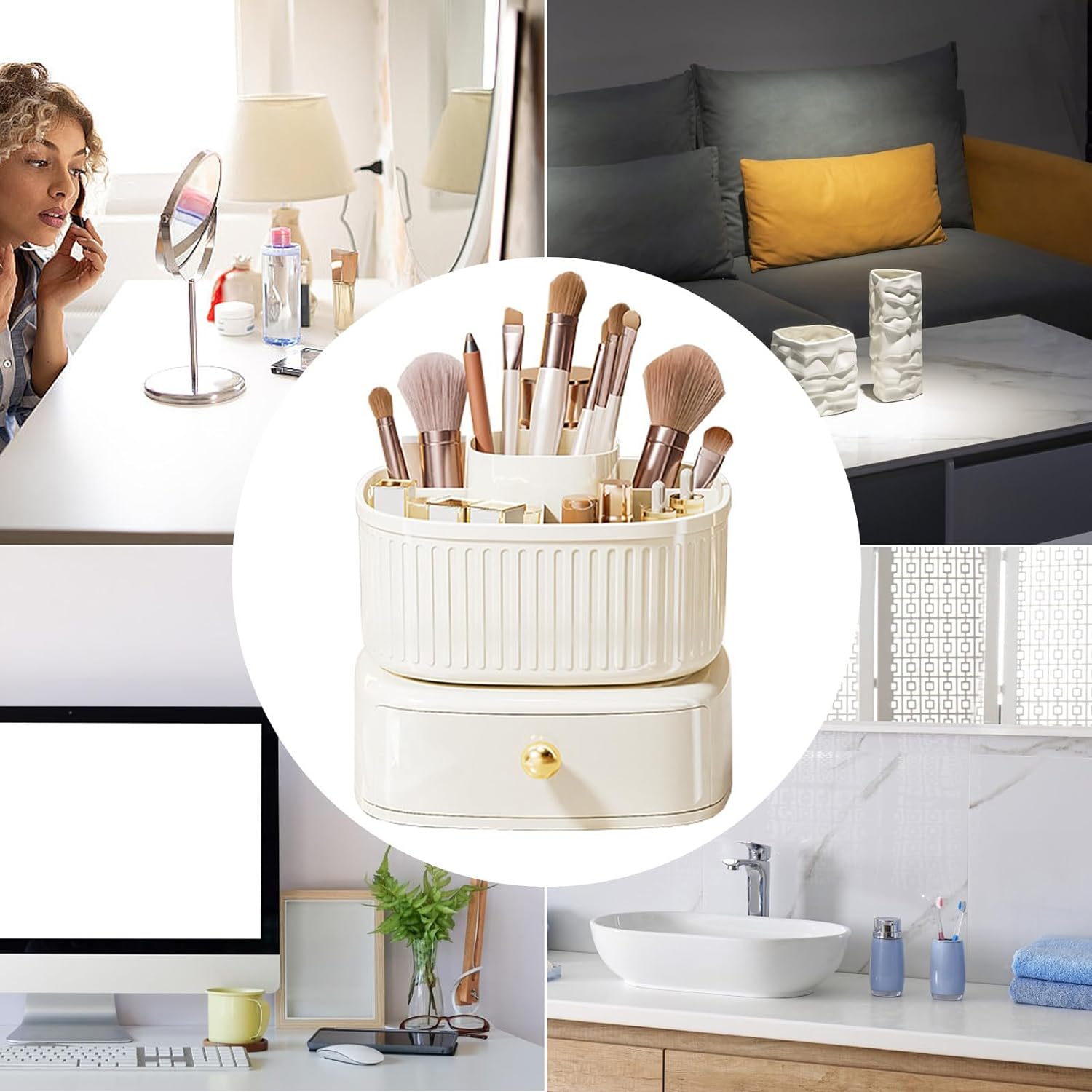 360° Rotate Makeup Brush Holder with Drawer